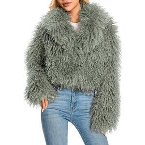 Faux Fur Coat for Women Green Ash Plus Size Cropped Fluffy Fall Jacket